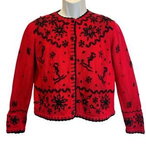 VINTAGE 80s Studio Works Downhill Skiers Ugly Christmas Cardigan Sweater Size PS